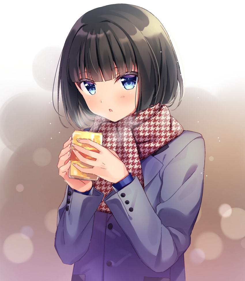 1boy androgynous bishounen black_hair blue_coat blue_eyes blush coat food food_request highres holding holding_food idolmaster idolmaster_side-m kagura_rei long_sleeves looking_at_viewer male_focus open_mouth rayuse scarf short_hair solo