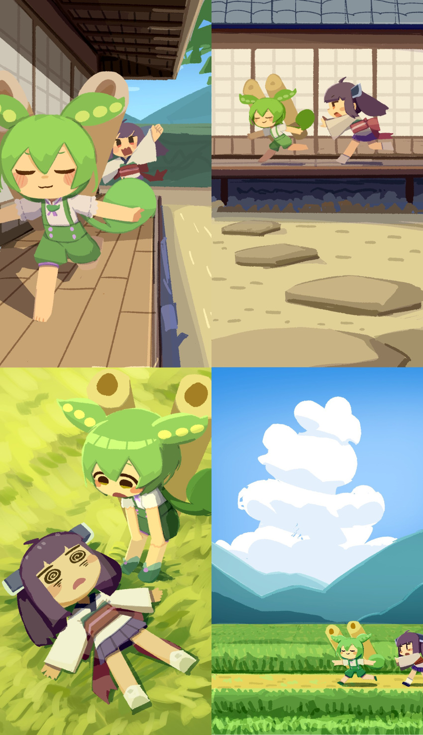 2girls :3 @_@ absurdres ahoge angry bangs blade blue_sky blunt_bangs blush_stickers bow brown_hair chasing chibi closed_eyes clouds collage commentary day exhausted field grass green_hair green_shorts hair_between_eyes headgear highres japanese_clothes kimono kiritanpo_(food) konohoshi long_hair looking_at_another low_ponytail lying medium_hair mountainous_horizon multiple_girls obi obijime on_back on_ground open_mouth outdoors pea_pod puffy_shorts purple_skirt red_bow red_eyes running sash shirt short_kimono short_sleeves short_twintails shorts shouji shouting skirt sky sliding_doors summer suspender_shorts suspenders symbol-only_commentary theft tile_roof touhoku_kiritan twintails v-shaped_eyebrows veranda voiceroid voicevox waist_bow white_kimono white_shirt wide_sleeves wooden_floor yellow_eyes zundamon
