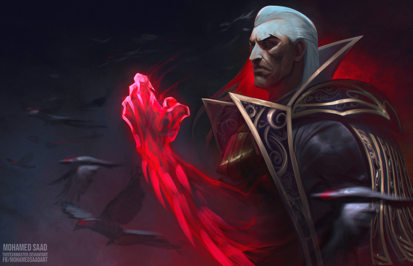 1boy arm_up artist_name bird black_bird cloak collar commentary english_commentary glowing glowing_arm glowing_eyes glowing_hands gold_trim hair_slicked_back highres league_of_legends long_hair looking_to_the_side red_aura solo swain_(league_of_legends) thefearmaster white_hair