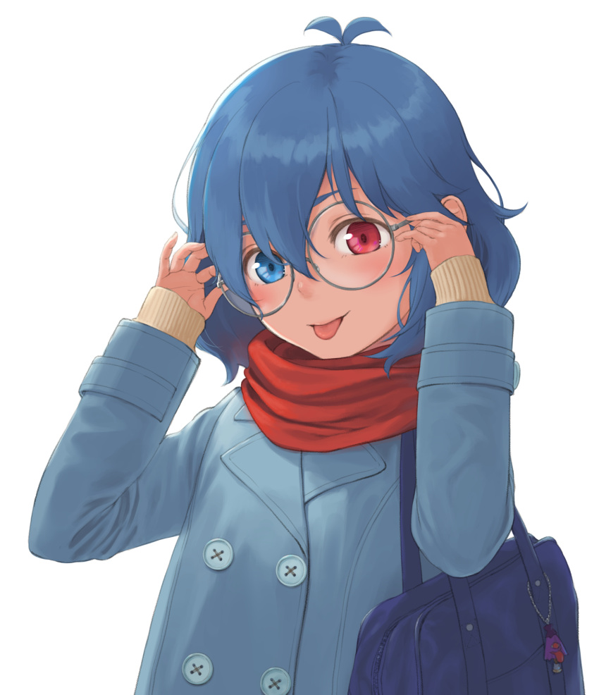 1girl adjusting_eyewear alternate_costume antenna_hair bag bag_charm bespectacled blue_coat blue_eyes blue_hair buttons charm_(object) coat commentary_request contemporary double-breasted glasses grey-framed_eyewear hair_between_eyes handbag hands_up heterochromia highres kitano_(kitanosnowwhite) long_sleeves looking_at_viewer red_eyes red_scarf round_eyewear scarf school_bag simple_background sleeves_past_wrists smile solo tatara_kogasa tongue tongue_out touhou upper_body white_background