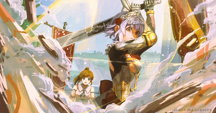 +_+ 2girls artist_name black_shirt braid braided_bangs breasts bright_pupils brown_eyes brown_hair clenched_hands clouds cuirass detached_sleeves dust elbow_gloves ellin_(genshin_impact) english_commentary favonius_greatsword_(genshin_impact) flag flower frown genshin_impact gloves green_eyes grey_gloves grey_hair hair_behind_ear hair_flower hair_ornament highres himaeart holding holding_sword holding_weapon long_hair maid_headdress medium_breasts metal_gloves multiple_girls noelle_(genshin_impact) red_flower shirt short_hair sky solo_focus sword two-handed weapon white_pupils