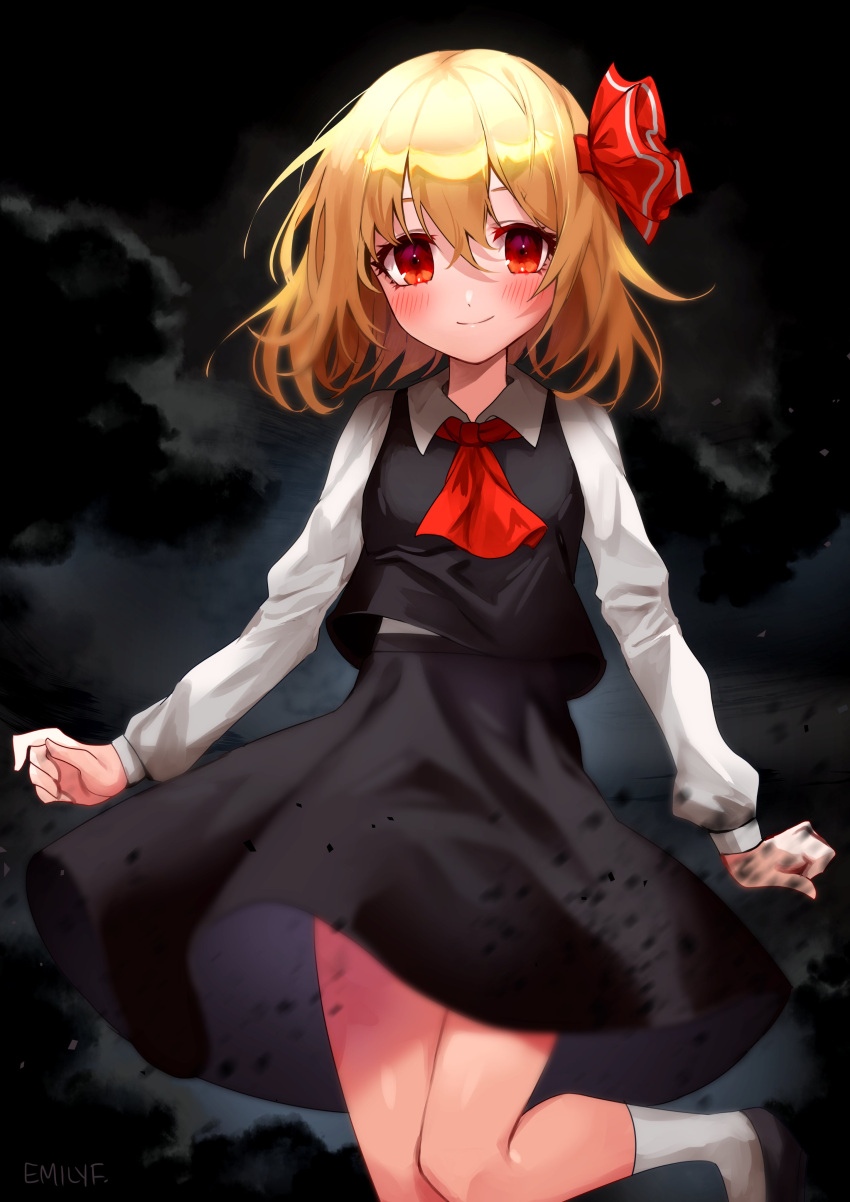 1girl absurdres ascot black_footwear black_skirt black_vest blonde_hair blush closed_mouth collared_shirt commentary eyebrows_hidden_by_hair foot_out_of_frame hair_between_eyes hair_ribbon highres long_sleeves looking_at_viewer red_ascot red_eyes red_ribbon ribbon rumia shianebulae shirt shoes short_hair skirt skirt_set sleeve_cuffs smile socks solo touhou vest white_shirt white_socks
