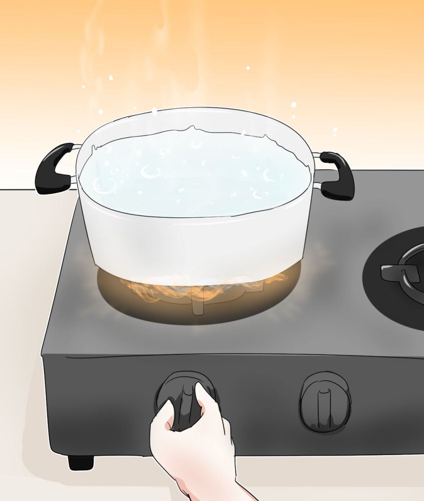 1girl blue_archive c/h commentary cooking cooking_pot english_commentary fire highres holding mika_(blue_archive) out_of_frame simple_background solo steam stove visible_air water