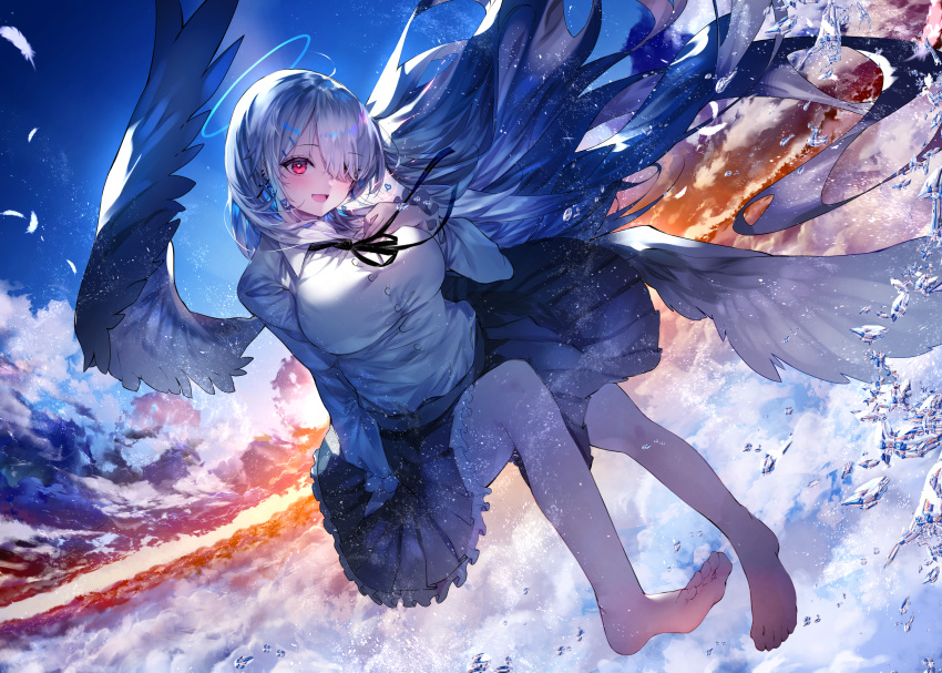 1girl absurdres angel angel_wings bangs barefoot black_ribbon blue_hair blue_sky blush breasts clouds cloudy_sky collared_shirt commentary_request dutch_angle feathered_wings feathers feet floating frilled_skirt frilled_sleeves frills full_body gradient_hair grey_hair grey_skirt hair_ornament hair_over_one_eye hairclip halo hand_on_own_chest hand_up head_tilt highres ice invisible_chair large_breasts long_hair long_sleeves looking_at_viewer multicolored_hair neck_ribbon open_mouth orange_sky original outdoors pink_eyes pleated_skirt ribbon shirt sidelocks sitting skirt sky solo sunset swept_bangs toes w_(w64851564) water_drop white_shirt wings