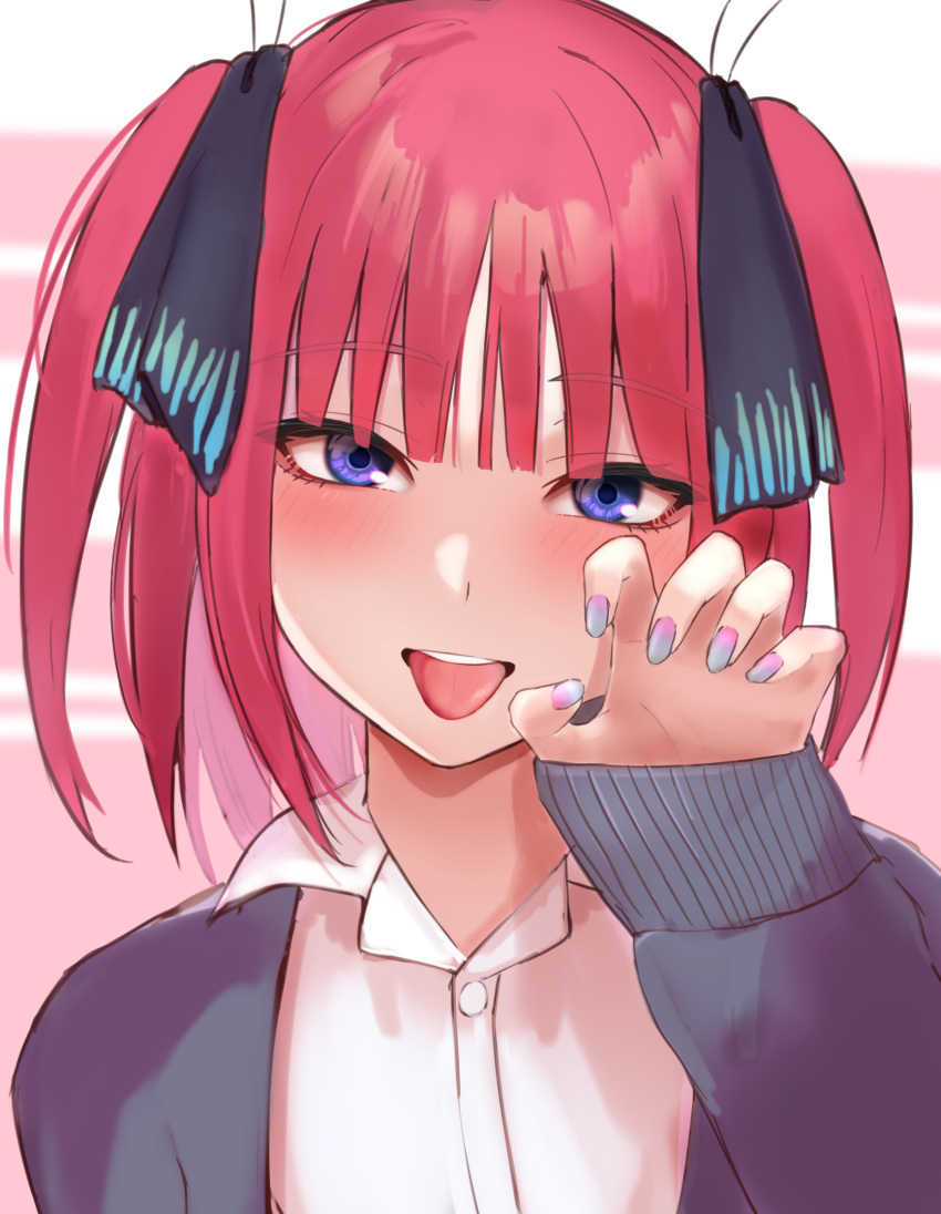 1girl :p bangs black_sweater blue_eyes blue_nails blunt_bangs blush butterfly_hair_ornament collared_shirt commentary eyelashes eyes_visible_through_hair go-toubun_no_hanayome hair_ornament hand_up head_tilt highres looking_at_viewer mowatoro_(10628_) nakano_nino open_mouth paw_pose pink_background round_teeth shirt sidelocks simple_background sleeves_past_wrists solo sweater teeth tongue tongue_out two_side_up upper_body upper_teeth_only white_shirt