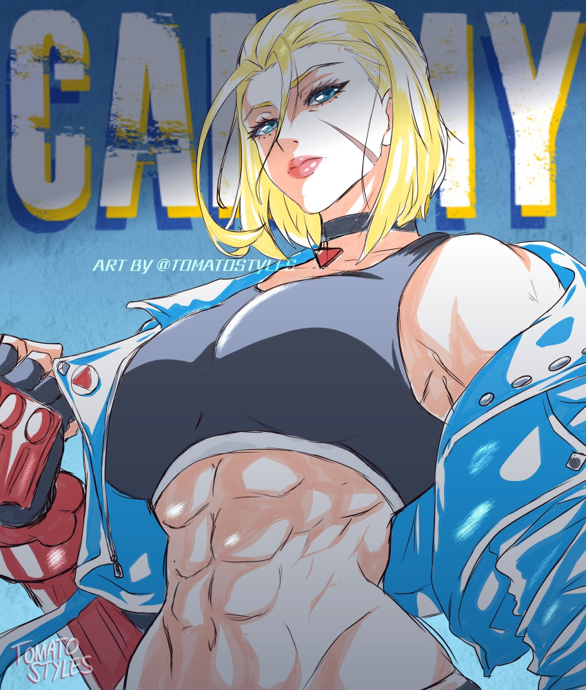 1girl abs awesometomato18 blonde_hair blue_eyes cammy_white choker highres jacket muscular muscular_female short_hair sports_bra street_fighter street_fighter_6