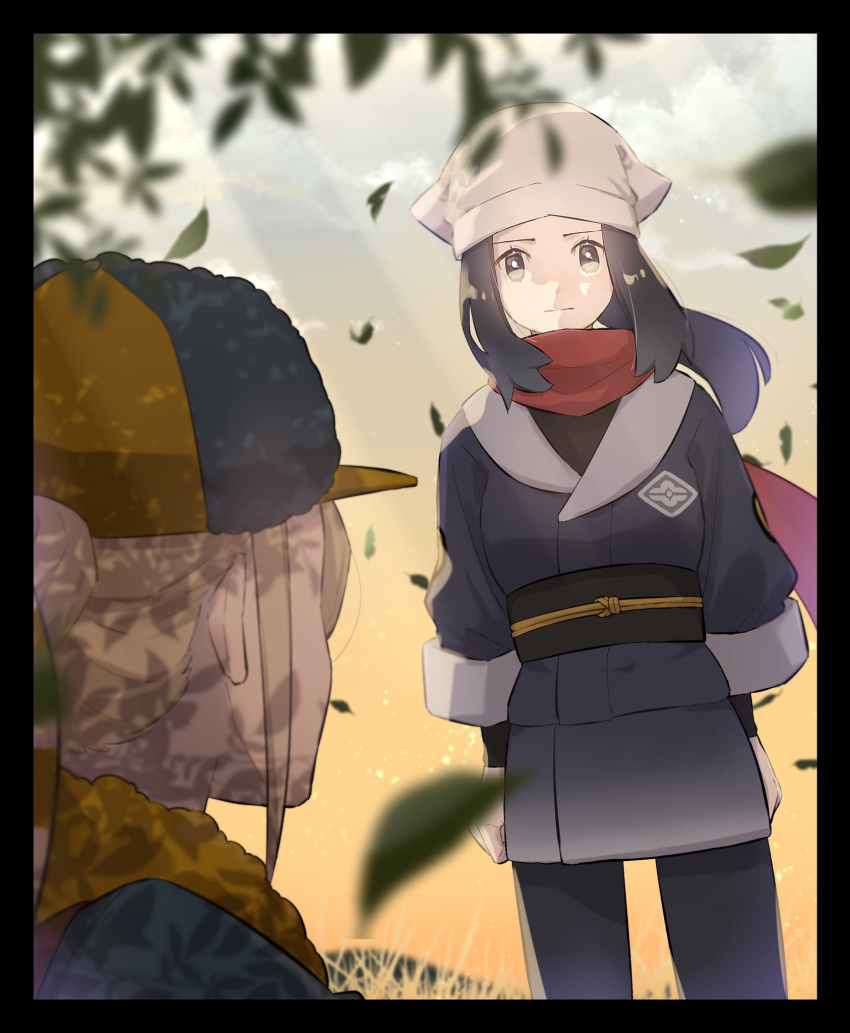 1boy 1girl akari_(pokemon) black_border black_hair black_sash black_shirt blonde_hair blurry border bright_pupils closed_mouth commentary_request day falling_leaves grey_eyes grey_jacket grey_skirt harb_genzai hat head_scarf highres jacket leaf long_hair outdoors pantyhose pokemon pokemon_(game) pokemon_legends:_arceus red_scarf sash scarf shirt sidelocks skirt standing volo_(pokemon)