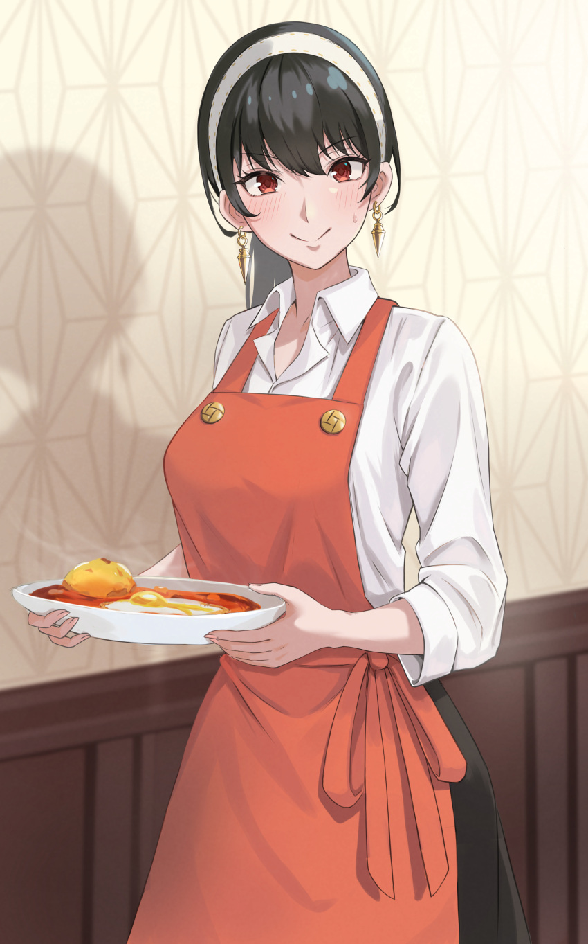 1girl absurdres apron black_hair black_skirt blush closed_mouth collared_shirt cooking dress_shirt hairband highres holding holding_plate indoors long_sleeves looking_at_viewer low_ponytail plate red_apron red_eyes shirt skirt sleeves_rolled_up smile solo spy_x_family sweatdrop tonton_utaro v-shaped_eyebrows white_hairband white_shirt yor_briar