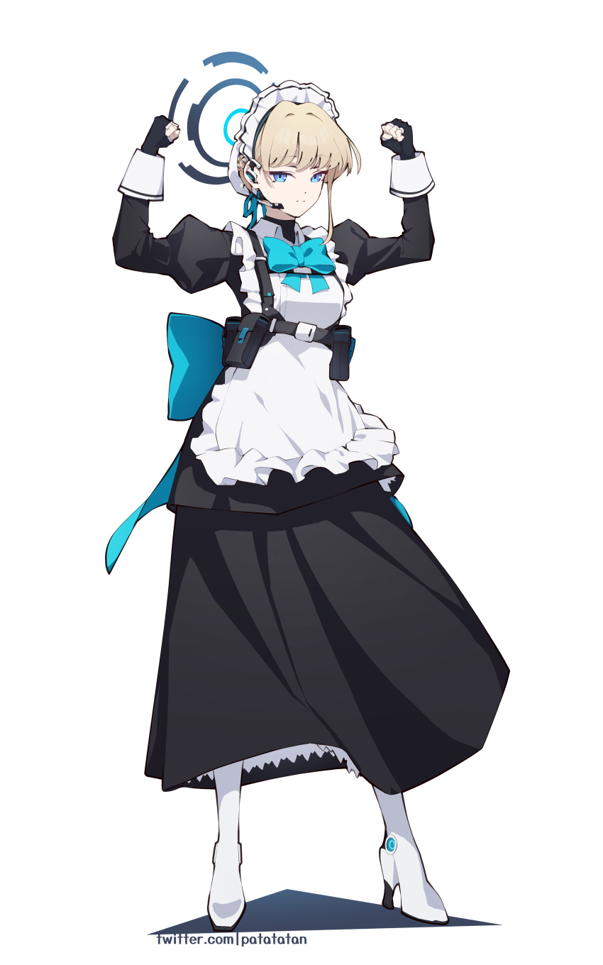 1girl absurdres apron bangs black_gloves blonde_hair blue_archive blue_eyes bow bowtie clenched_hands commentary_request fingerless_gloves full_body gloves hair_between_eyes hair_bun hands_up headset highres long_hair long_sleeves looking_at_viewer maid maid_apron maid_headdress patatatan sidelocks simple_background single_hair_bun solo standing toki_(blue_archive) transparent_background