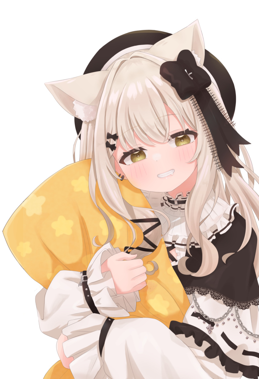 1girl animal_ears capelet cat_ears cat_girl dress frilled_capelet frills grey_hair grin hat highres indie_virtual_youtuber long_hair long_sleeves looking_at_viewer nekodo_oyuchi object_hug pillow pillow_hug shirochimaki smile transparent_background virtual_youtuber white_dress yellow_eyes