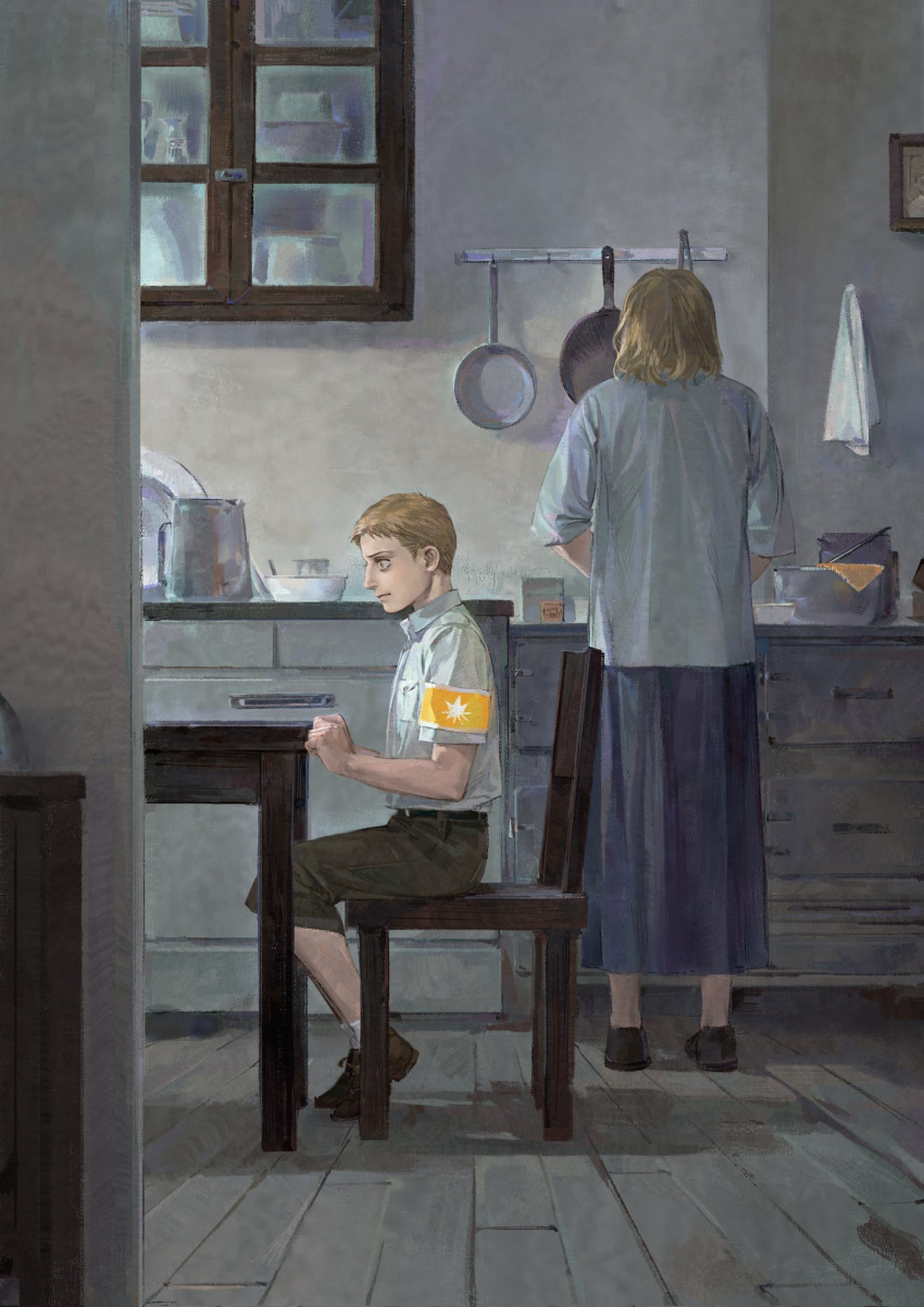 1boy 1girl aged_down armband blonde_hair cooking expressionless from_side full_body highres karina_braun kitchen luguoadeli_(maple12031) male_focus on_chair reiner_braun shingeki_no_kyojin short_hair sitting solo_focus standing staring