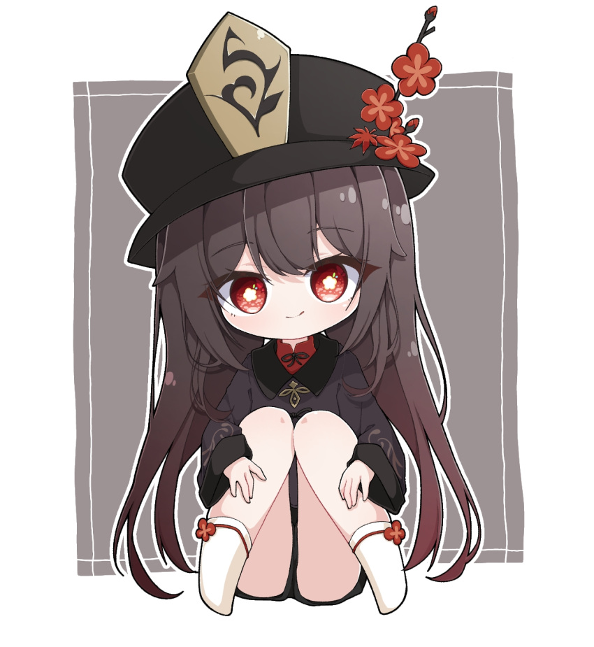 1girl alternate_hairstyle bangs black_footwear black_shorts blush brown_hair brown_headwear brown_jacket chibi commentary_request dspring426 flower flower-shaped_pupils full_body genshin_impact hair_between_eyes hair_down hat hat_flower highres hu_tao_(genshin_impact) jacket long_hair long_sleeves looking_at_viewer red_eyes red_flower red_shirt shirt shoes short_shorts shorts sitting socks solo sparkle symbol-shaped_pupils very_long_hair white_background white_flower white_socks