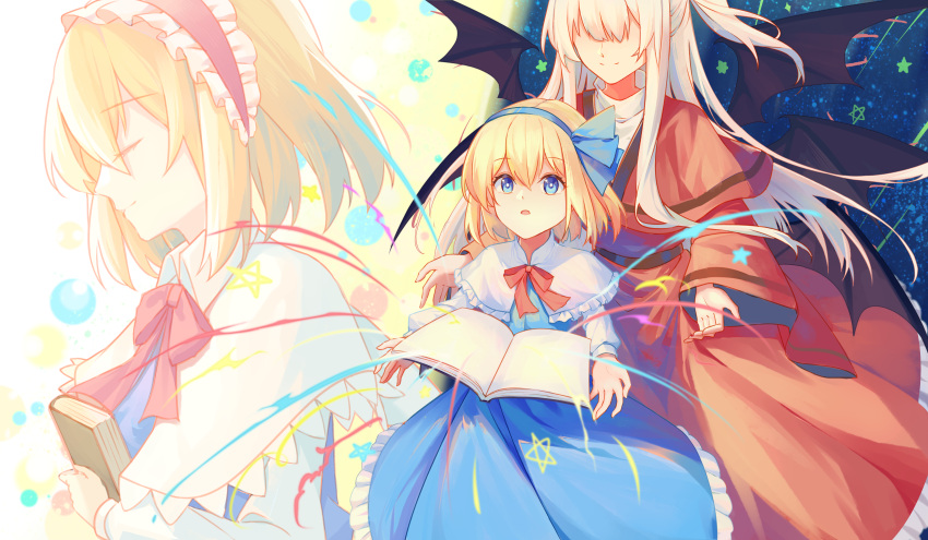 2girls absurdres alice_margatroid alice_margatroid_(pc-98) bangs black_wings blonde_hair blue_dress blue_eyes blue_hairband book capelet closed_eyes closed_mouth dress faceless faceless_female hair_between_eyes hairband highres long_hair long_sleeves minuo multiple_girls one_side_up open_book open_mouth red_dress revision shinki_(touhou) short_hair smile touhou touhou_(pc-98) white_capelet white_hair wings