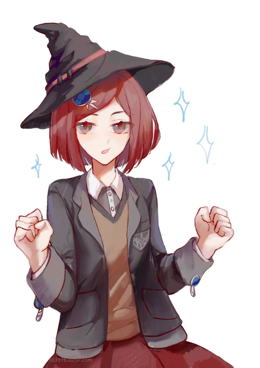1girl :o absurdres bangs black_headwear black_jacket brown_vest clenched_hands collared_shirt danganronpa_(series) danganronpa_v3:_killing_harmony gem_hair_ornament grey_background grey_shirt hands_up hat highres jacket open_clothes open_jacket open_mouth pleated_skirt red_skirt redhead shirt short_hair simple_background sixii skirt solo sparkle vest witch_hat yumeno_himiko