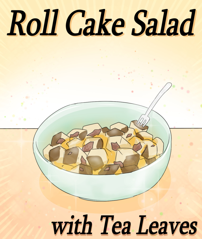 blue_archive bowl c/h cake commentary english_commentary english_text food fork highres no_humans simple_background sparkle swiss_roll tea_leaves yellow_background