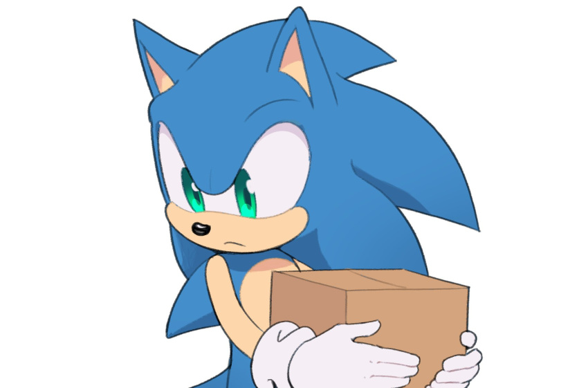 1boy animal_ears animal_nose blue_fur box closed_mouth english_commentary furry furry_male gloves green_eyes hands_up hedgehog hedgehog_ears hedgehog_tail highres holding holding_box looking_to_the_side male_focus simple_background solo sonic_(series) sonic_the_hedgehog standing tail toonsite white_background white_gloves