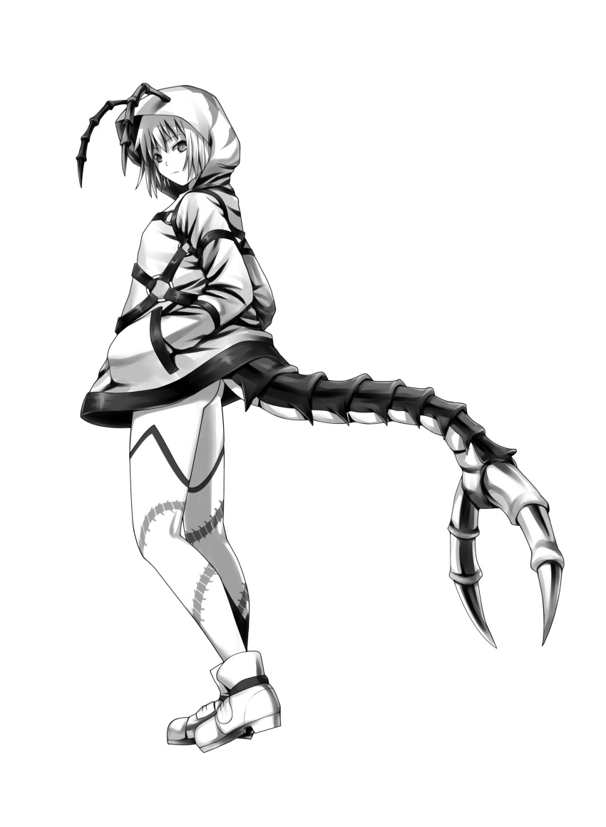 1girl absurdres ano_hito antennae arthropod_girl ass boots commentary_request from_side full_body greyscale hands_in_pockets highres hood hooded_jacket jacket monochrome o-ring original pants scorpion_girl scorpion_tail solo tail