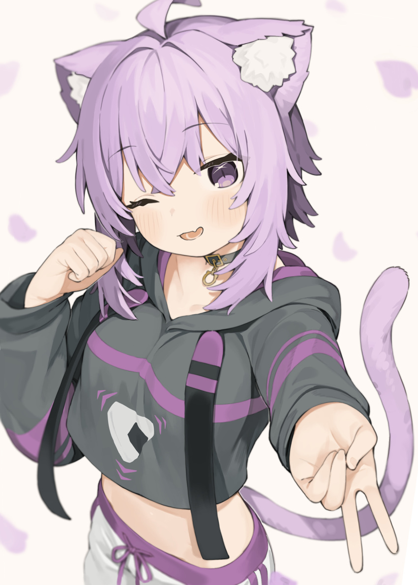 1girl ;d ahoge animal_ear_fluff animal_ears bangs black_hoodie blush brown_background cat_ears cat_girl cat_tail commentary_request crop_top drawstring fang hair_between_eyes hair_intakes highres hololive hood hood_down hoodie long_sleeves looking_at_viewer midriff nekomata_okayu one_eye_closed outstretched_arm pants petals puffy_long_sleeves puffy_sleeves purple_hair seramikku simple_background sleeves_past_wrists smile solo tail violet_eyes virtual_youtuber white_pants