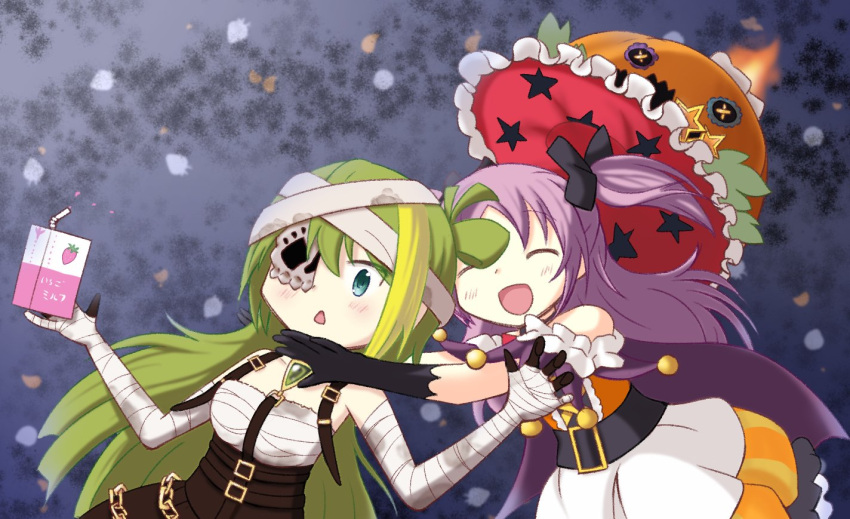 2girls :d alina_gray alina_gray_(halloween_ver.) aqua_eyes bandaged_arm bandages bangs bare_shoulders black_bow black_gloves black_skirt blonde_hair blush bow bubble_skirt chain choker closed_eyes detached_sleeves dress elbow_gloves frills gloves green_hair hair_bow halloween_costume hat hat_removed headwear_removed holding holding_carton imminent_hug jumping long_hair magia_record:_mahou_shoujo_madoka_magica_gaiden magical_girl mahou_shoujo_madoka_magica mask_over_one_eye medium_hair misono_karin misono_karin_(halloween_ver.) multicolored_clothes multiple_girls official_alternate_costume oguma_shiro open_mouth outstretched_arms parted_bangs pumpkin purple_hair ribbon sarashi single_hair_ring skirt smile star_(symbol) strawberry_milk suspender_skirt suspenders triangle_mouth two_side_up