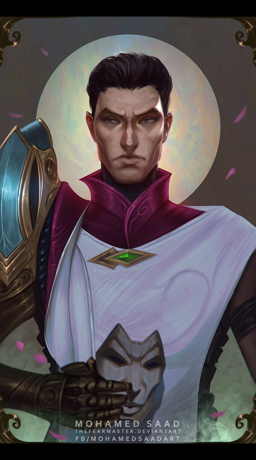 1boy artist_name black_hair chest_jewel closed_mouth commentary english_commentary full_moon gem green_gemstone highres holding holding_mask jhin league_of_legends looking_at_viewer mask mechanical_arms moon no_mask short_hair single_mechanical_arm solo thefearmaster