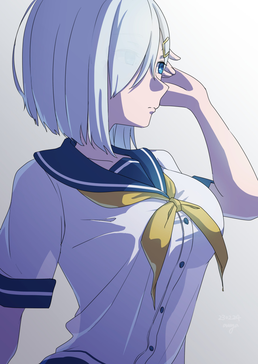 1girl absurdres anya_(anyapoiiii) blue_eyes blue_sailor_collar breasts gradient_background grey_background hair_ornament hair_over_one_eye hairclip hamakaze_(kancolle) highres kantai_collection large_breasts neckerchief one-hour_drawing_challenge sailor_collar school_uniform serafuku short_hair short_sleeves solo white_background white_hair yellow_neckerchief