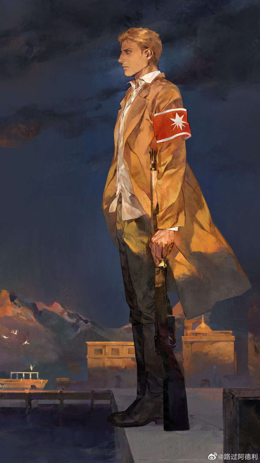 1boy absurdres armband blonde_hair coat from_side full_body gun highres holding holding_gun holding_weapon imminent_suicide luguoadeli_(maple12031) male_focus marley_military_uniform mountain open_clothes open_coat pants planted reiner_braun scene_reference shingeki_no_kyojin short_hair solo standing sunlight weapon