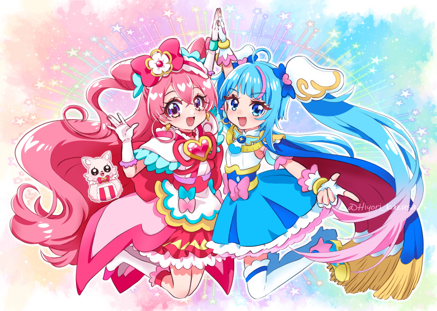 2girls absurdres ahoge ankle_boots apron arm_up bangs blue_dress blue_eyes blue_footwear blue_hair boots bow cape commentary_request cone_hair_bun cure_precious cure_sky cut_bangs delicious_party_precure detached_sleeves double_bun dress earrings fingerless_gloves frilled_hairband frills fringe_trim gloves gradient_hair hair_bow hair_bun hair_ornament hairband heart high_five highres hirogaru_sky!_precure jewelry jumping kazusa_hiyori kome-kome_(precure) legs_up long_hair magical_girl medium_dress multicolored_hair multiple_girls nagomi_yui open_mouth pink_bow pink_hair precure puffy_detached_sleeves puffy_sleeves series_connection short_dress single_sidelock sleeveless sleeveless_dress smile sora_harewataru sparkle star_(symbol) streaked_hair thigh-highs twintails twitter_username two-sided_cape two-sided_fabric two_side_up very_long_hair violet_eyes waist_apron white_footwear white_gloves white_thighhighs wing_hair_ornament