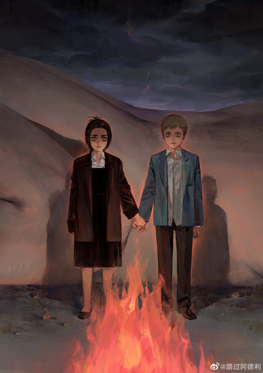 1boy 1girl absurdres blue_jacket brown_hair campfire collared_shirt expressionless falco_grice fire full_body gabi_braun highres holding_hands jacket luguoadeli_(maple12031) night night_sky ponytail shingeki_no_kyojin shirt shoes short_hair sidelocks sky standing white_shirt