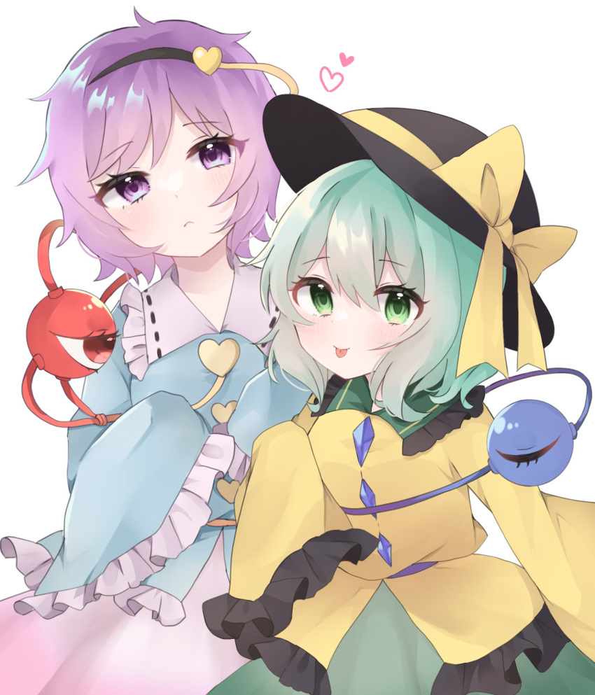 2girls :&lt; :p black_hairband black_headwear blouse blue_shirt blush bow buttons closed_mouth commentary diamond_button frilled_shirt_collar frilled_sleeves frills green_eyes green_hair green_skirt hair_between_eyes hair_ornament hairband hat hat_bow heart heart_button heart_hair_ornament highres komeiji_koishi komeiji_satori long_sleeves looking_at_another looking_at_viewer machi0309 multiple_girls pink_eyes pink_hair pink_skirt red_eyes ribbon_trim shirt short_hair siblings simple_background sisters skirt sleeves_past_fingers sleeves_past_wrists third_eye tongue tongue_out touhou upper_body white_background wide_sleeves yellow_bow yellow_shirt