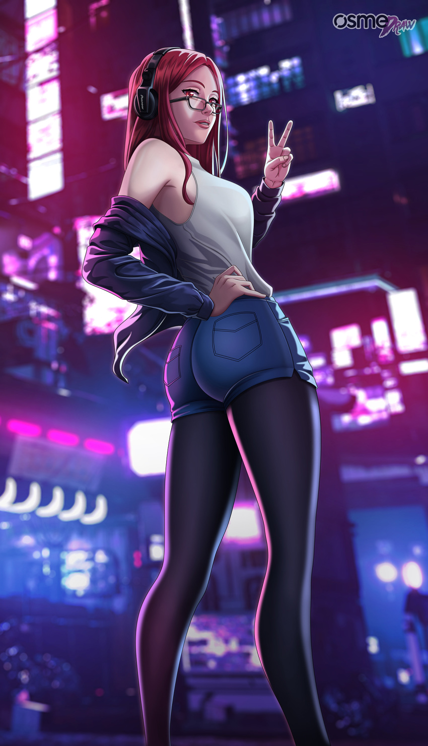 1girl ass city cyberpunk full_body glasses hand_on_hip headphones highres jacket long_hair looking_back neon_lights open_clothes open_jacket original osmedraw pantyhose red_eyes redhead shorts urban_style