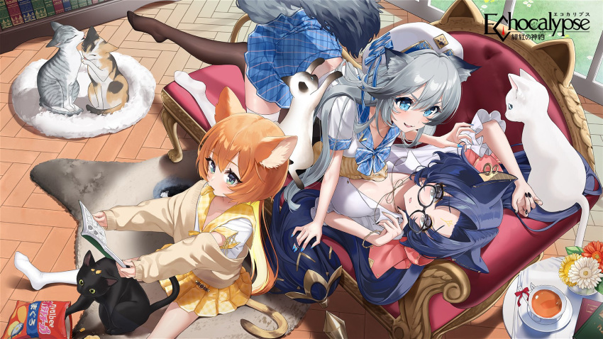 3girls animal_ear_fluff animal_ears bag_of_chips blue_eyes blue_hair bow bowtie bracelet cat cat_day character_request chips_(food) collared_shirt couch cup earrings echocalypse flower food food_in_mouth glasses grass green_eyes grey_eyes grey_hair highres jewelry long_hair mikazuki_mika multiple_girls on_couch on_person orange_hair pantyhose plaid plaid_bow plaid_bowtie plaid_sailor_collar plaid_skirt reading shirt skirt tail tea teacup thigh-highs white_headwear white_shirt white_thighhighs yellow_skirt