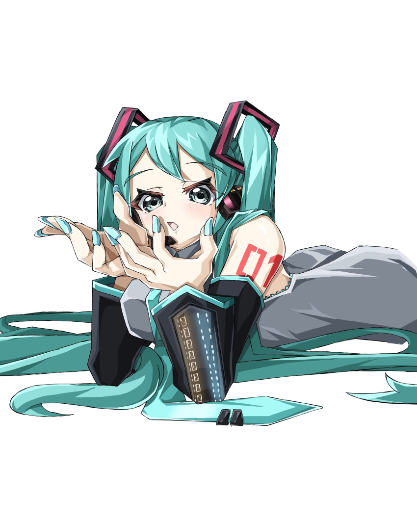 1girl :3 absurdres ahoge aqua_eyes arm_tattoo bangs black_footwear black_skirt black_sleeves blue_hair boots closed_mouth collared_shirt commentary day delizu1108 detached_sleeves feet_up full_body grey_shirt hair_between_eyes hair_ornament hatsune_miku head_rest headphones headset high_heel_boots high_heels highres hologram long_hair long_sleeves looking_at_viewer lying microphone miniskirt number_tattoo on_stomach outdoors pleated_skirt shirt skirt sleeveless sleeveless_shirt solo tattoo thigh_boots twintails very_long_hair vocaloid wing_collar zettai_ryouiki