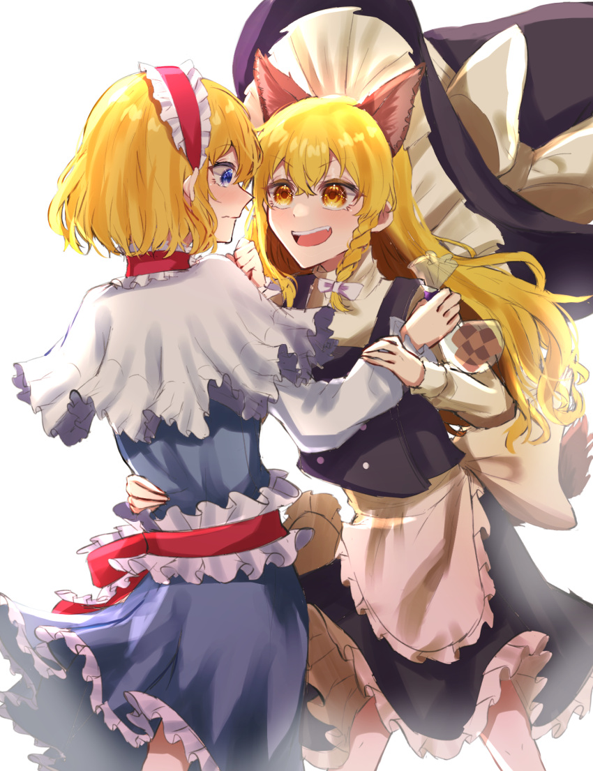 2girls alice_margatroid animal_ear_fluff animal_ears apron bangs blonde_hair blue_eyes blush bow braid capelet commentary_request cowboy_shot crossed_bangs hair_between_eyes hairband hand_on_another's_shoulder hand_on_another's_waist hat highres jingai_(k1bun) kirisame_marisa lolita_hairband long_hair multiple_girls open_mouth short_hair single_braid skirt smile touhou waist_apron wavy_mouth white_apron white_background witch_hat yellow_eyes yuri