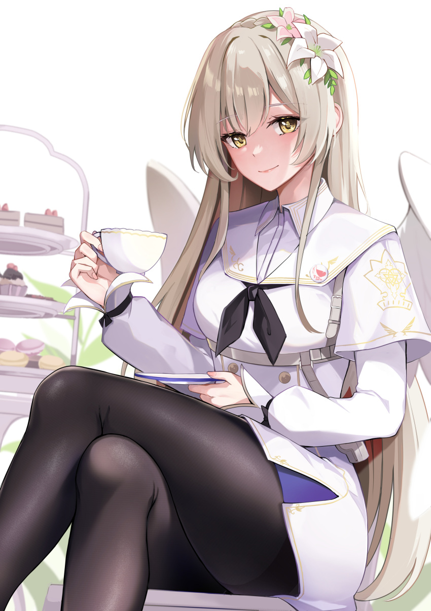 1girl absurdres black_pantyhose blue_archive closed_mouth crossed_legs cup drink feet_out_of_frame highres holding holding_cup holding_drink holding_saucer konka light_brown_hair long_hair long_sleeves looking_at_viewer nagisa_(blue_archive) pantyhose saucer sitting smile solo teacup thighs wings
