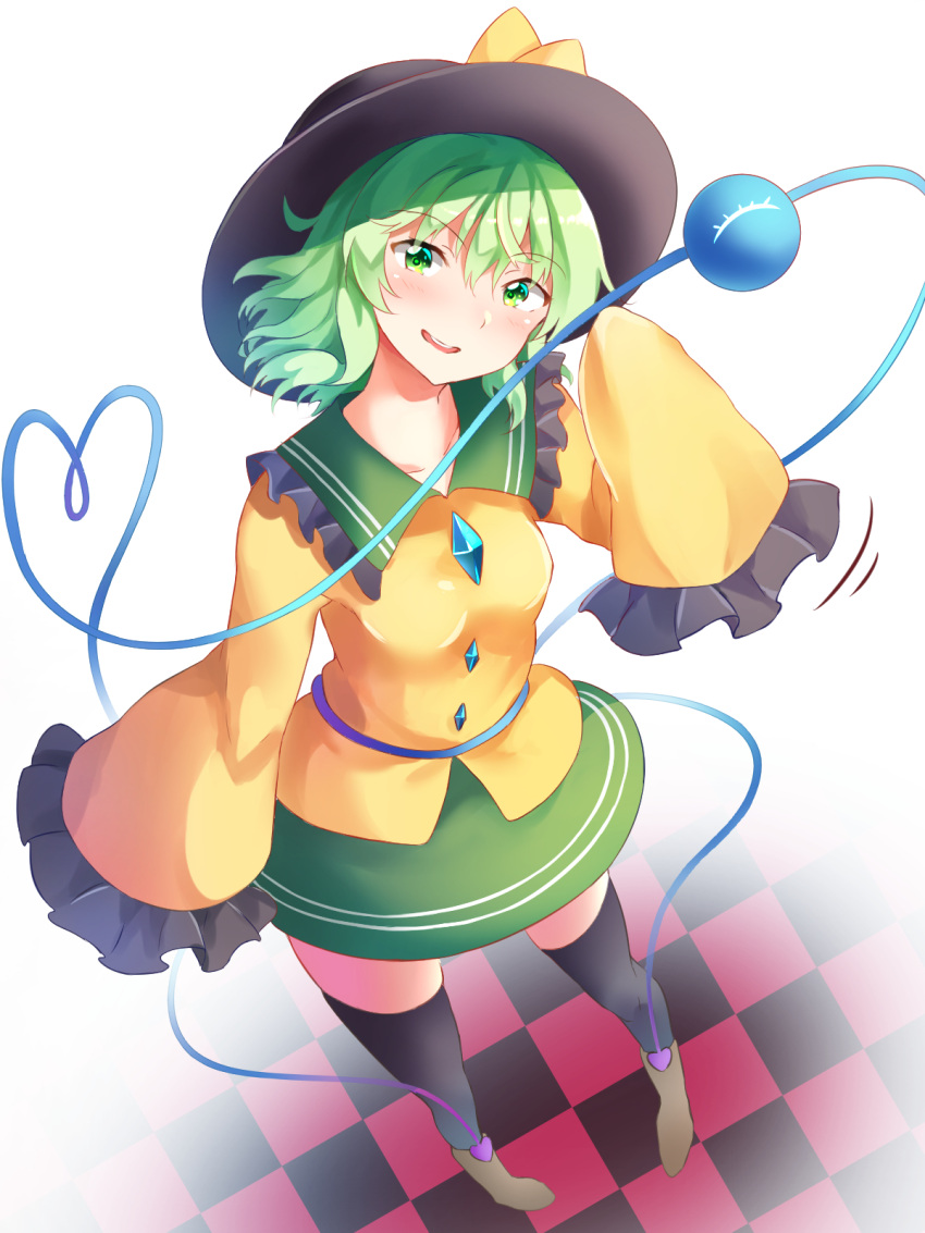 &gt;:) 1girl bangs black_headwear bow breasts brown_footwear buttons collar diamond_button frilled_collar frilled_sleeves frills full_body green_eyes green_hair green_sailor_collar green_skirt hair_between_eyes hat hat_bow head_tilt heart heart_of_string highres komeiji_koishi looking_at_viewer medium_hair motion_lines nagomian open_mouth round_teeth sailor_collar shirt simple_background skirt sleeves_past_fingers sleeves_past_wrists small_breasts smile smug solo standing teeth third_eye touhou upper_teeth_only v-shaped_eyebrows waving wavy_hair white_background wide_sleeves yellow_bow yellow_shirt zettai_ryouiki
