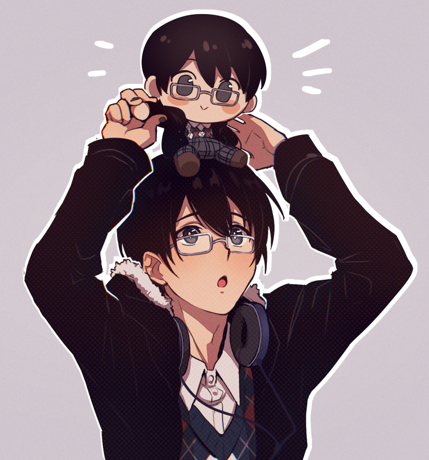 1boy argyle arms_up black_hair blush blush_stickers character_doll collared_shirt doll emphasis_lines glasses grey_background grey_eyes headphones headphones_around_neck highres hiyama_kiyoteru hiyama_kiyoteru_(vocaloid4) holding holding_doll jacket looking_up male_focus nifffi open_clothes open_jacket open_mouth outline shirt simple_background solo vocaloid white_outline