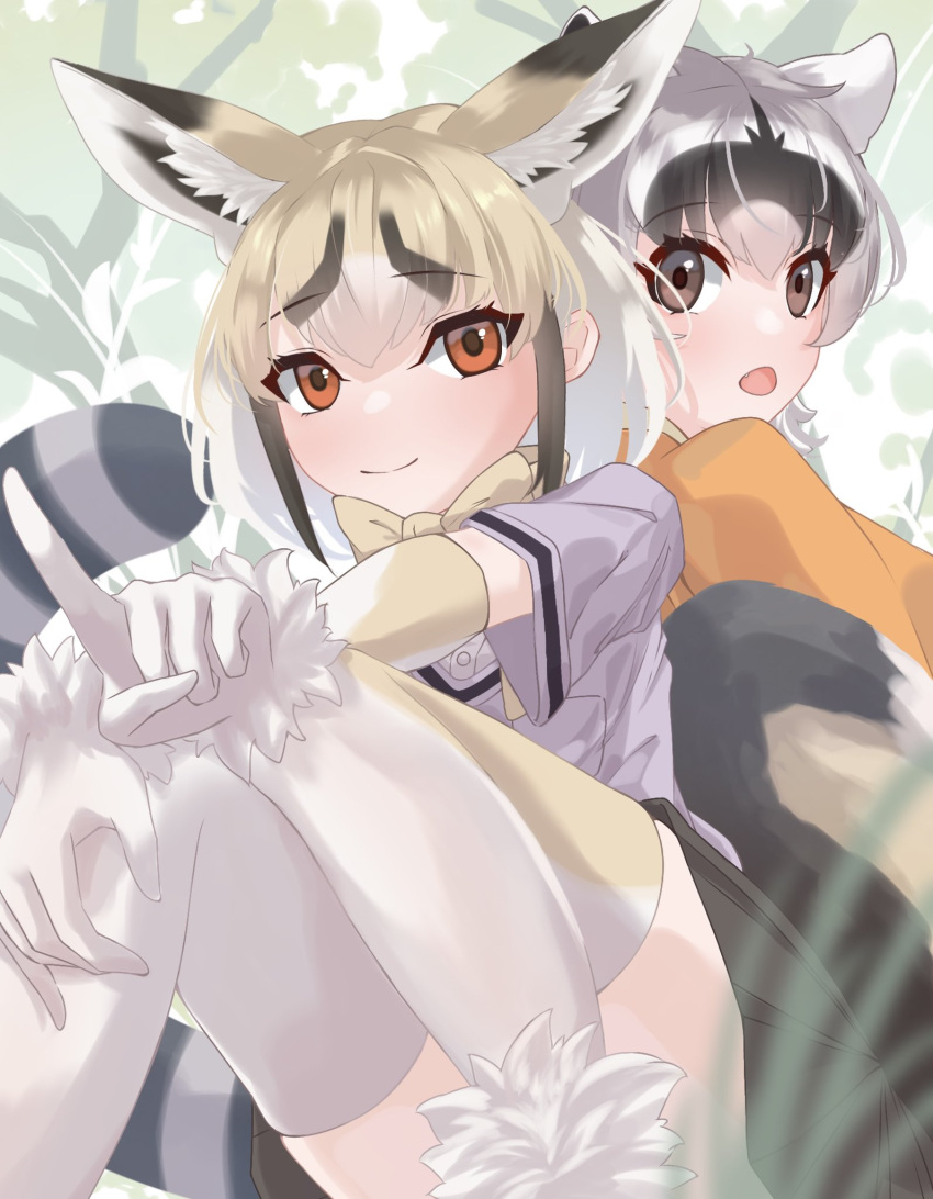 2girls animal_ears back-to-back bangs black_hair blonde_hair bow bowtie brown_eyes brown_hair closed_mouth crab-eating_raccoon_(kemono_friends) day elbow_gloves extra_ears fang fox_ears fox_girl fox_tail fur_trim gloves grey_hair highres index_finger_raised kemono_friends knees_up looking_at_viewer looking_back multicolored_hair multiple_girls open_mouth orange_eyes outdoors outstretched_arm raccoon_ears raccoon_girl raccoon_tail rueppell's_fox_(kemono_friends) sarutori shirt short_sleeves sitting skirt smile tail thigh-highs white_hair
