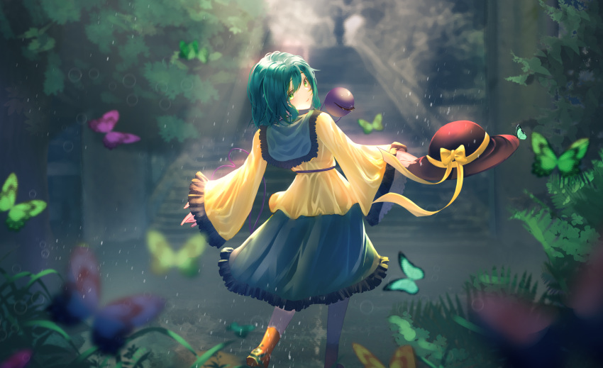1girl absurdres bangs blurry blurry_background blurry_foreground blush boots bug butterfly depth_of_field feet_out_of_frame frilled_sleeves frills green_eyes green_hair green_skirt hat hat_removed headwear_removed highres kohaku_komeiji komeiji_koishi light_particles light_smile long_sleeves looking_back medium_hair motion_blur parted_lips shirt skirt sleeves_past_wrists solo stairs standing third_eye touhou wide_sleeves yellow_shirt