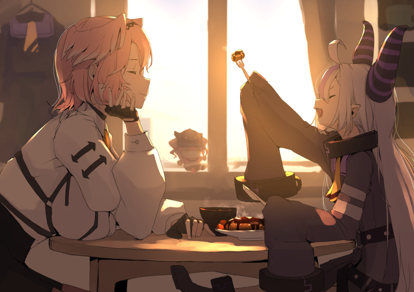 2girls ^_^ ahoge black_gloves blush bowl breast_rest breasts breasts_on_table character_doll closed_eyes fingerless_gloves fork gloves grey_hair hamburger_steak head_wings highres holding holding_fork holding_knife hololive horns knife la+_darknesss long_hair mitsuru_(pixiv_34028718) multicolored_hair multiple_girls open_mouth pink_hair purple_hair short_hair sleeves_past_wrists smile steam takane_lui tokoyami_towa two-tone_hair virtual_youtuber