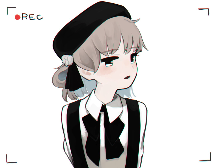 1girl arms_behind_back bangs beret black_eyes black_headwear black_ribbon collared_shirt facing_to_the_side fang flower hair_ribbon half-closed_eyes hat hat_flower hatoba_tsugu highres light_blush light_brown_hair long_sleeves mole mole_under_eye myomuron neck_ribbon no_sclera open_mouth recording ribbon shirt sideways_glance simple_background single_hair_ring solo suspenders tsugu_(vtuber) upper_body viewfinder white_background white_flower white_shirt