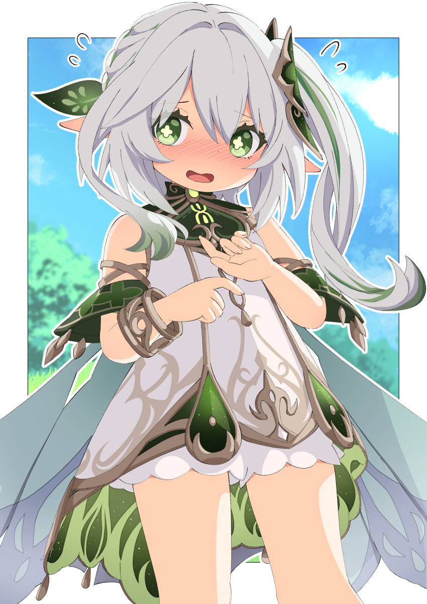1girl absurdres bangs blue_sky blush border cape clouds clover-shaped_pupils commentary_request dress flying_sweatdrops genshin_impact green_eyes green_hair highres looking_at_viewer multicolored_hair nahida_(genshin_impact) open_mouth outdoors pointy_ears sky solo streaked_hair tree tsukimirin two-tone_hair white_border white_dress white_hair