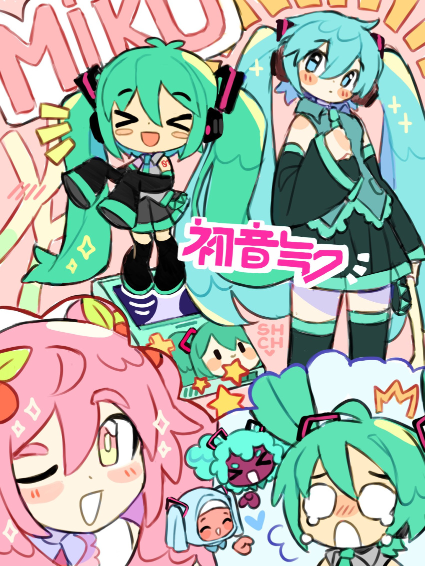 &gt;_&lt; 5girls alternate_skin_color bangs bare_shoulders black_skirt blank_eyes blue_eyes blue_hair blush breasts character_name character_request closed_eyes closed_mouth commentary dark-skinned_female dark_skin detached_sleeves english_commentary full_body game_boy green_hair hair_ornament handheld_game_console hatsune_miku headphones highres hijab long_hair long_sleeves looking_at_viewer multiple_girls necktie one_eye_closed open_mouth pink_background pink_hair pleated_skirt sharpycharot skirt sleeves_past_fingers sleeves_past_wrists smile spring_onion standing star_(symbol) tears thigh-highs twintails very_long_hair vocaloid yellow_eyes
