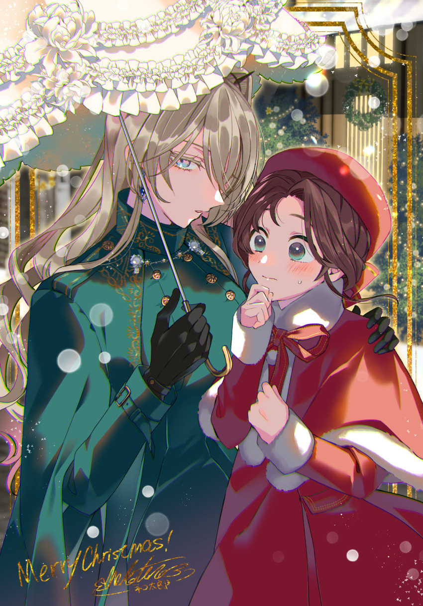 2girls black_gloves blonde_hair blue_eyes blush brown_hair christmas christmas_tree dress earrings english_text genkai_ol-san_wa_akuyaku_reijoh-sama_ni_tsukaetai gloves green_dress green_eyes hat highres holding holding_umbrella jewelry lapis_tenebrae merry_christmas multiple_girls natori_midori official_art parasol pine_tree red_dress red_headwear santa_costume shinonome_neko-tarou tree umbrella yuri