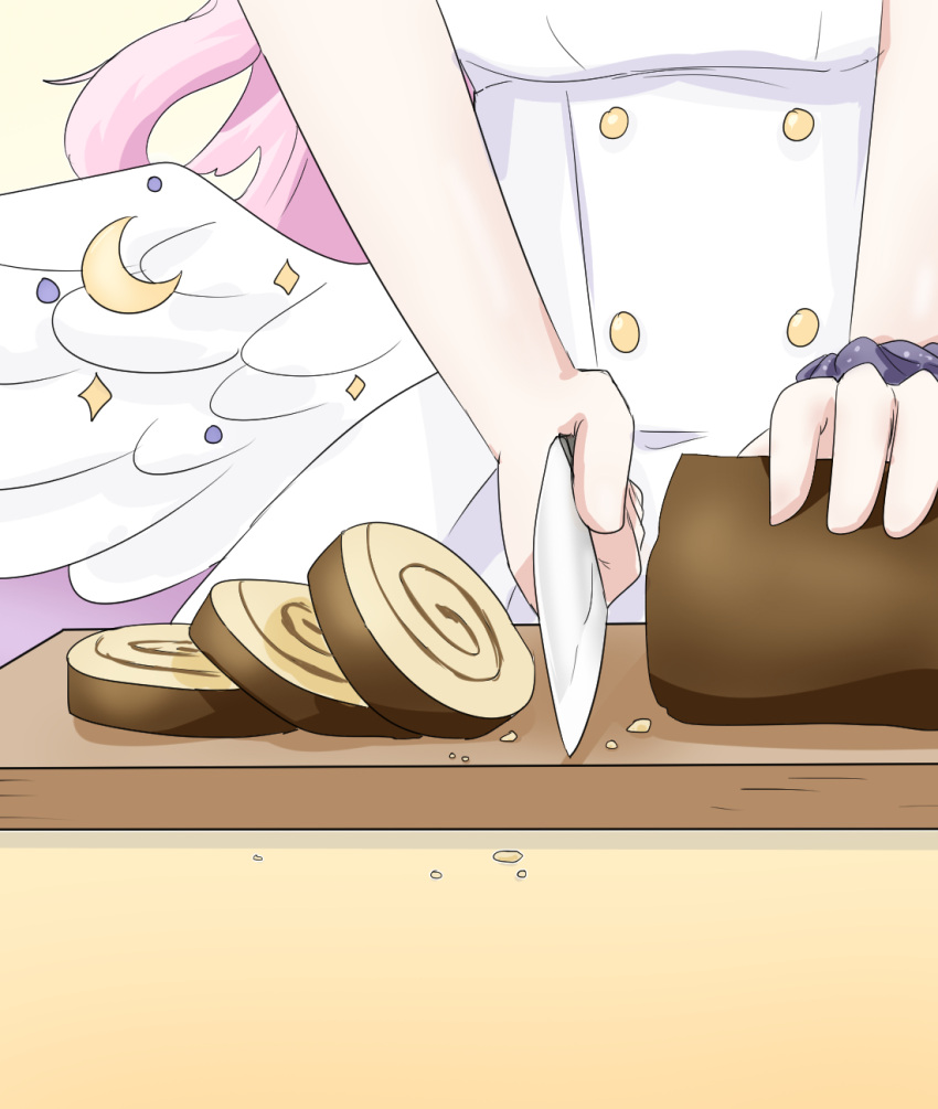 1girl angel_wings blue_archive c/h cake commentary cutting cutting_board english_commentary food highres holding holding_knife kitchen_knife knife korean_commentary long_hair mika_(blue_archive) out_of_frame pink_hair school_uniform scrunchie solo swiss_roll white_wings wings wrist_scrunchie