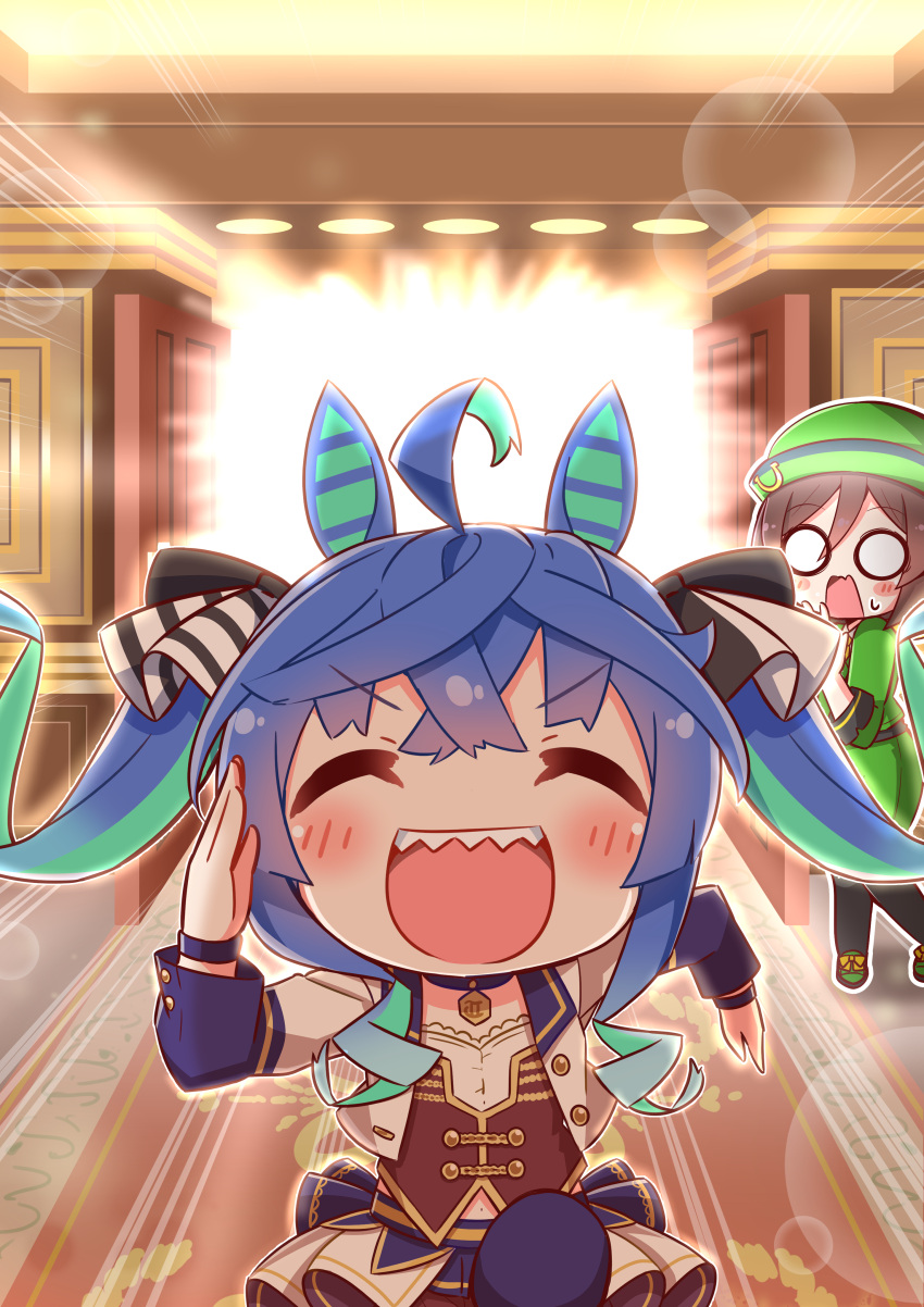 2girls absurdres ahoge animal_ears bangs black_pantyhose blue_hair blush blush_stickers brown_hair carpet chibi choker closed_eyes cropped_jacket crossed_bangs door emphasis_lines flat_chest green_headwear green_jacket green_skirt hat hayakawa_tazuna highres horse_ears jacket kyou_(fr39) lens_flare long_hair long_sleeves multiple_girls navel o_o open_door open_mouth pantyhose red_vest running sharp_teeth shirt skirt smile sweatdrop teeth twin_turbo_(umamusume) twintails umamusume upper_teeth_only v-shaped_eyebrows vest white_jacket white_shirt wristband