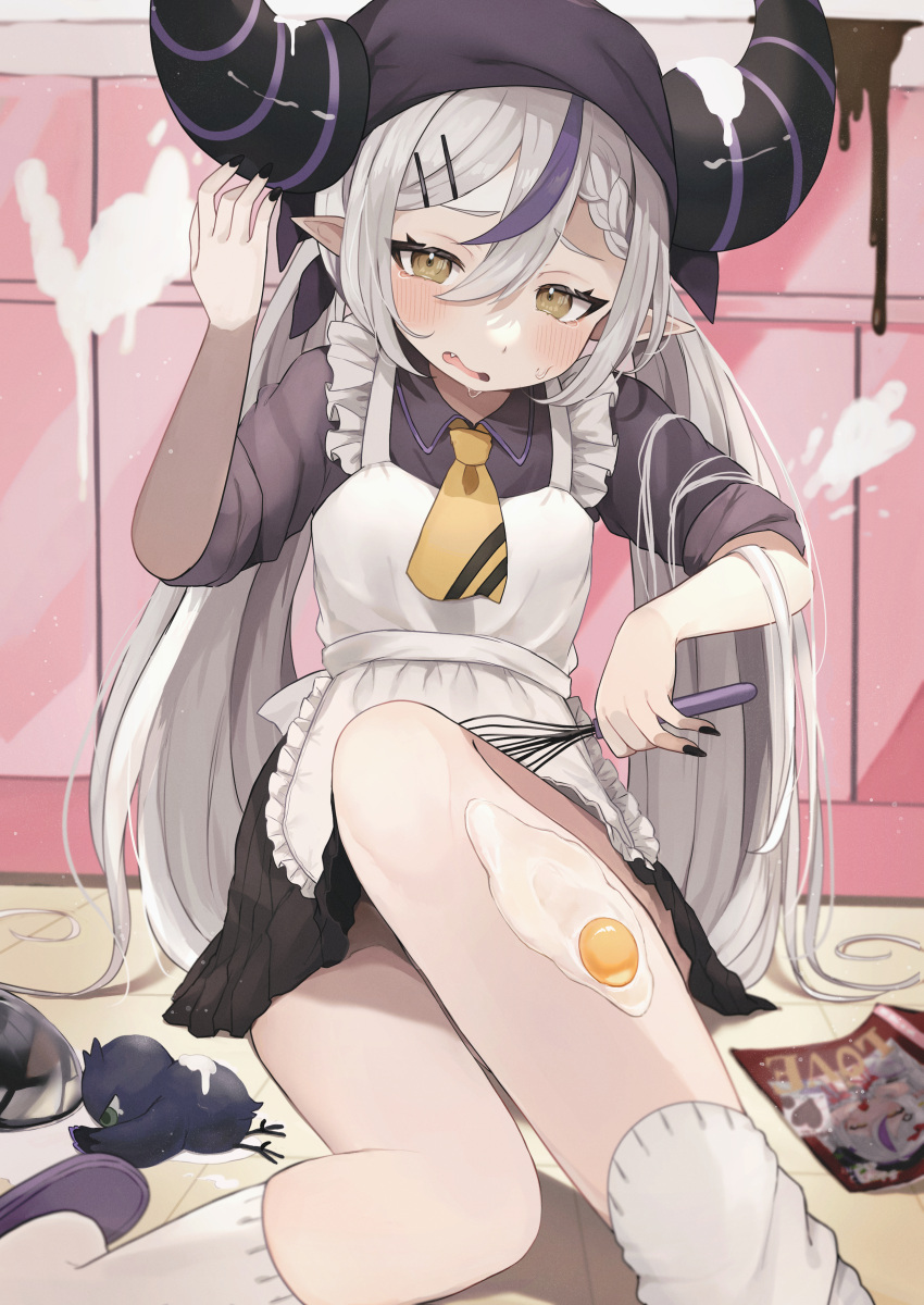 1girl absurdres apron bandana black_nails blush braid brown_eyes crow_(la+_darknesss) fang fried_egg grey_hair hair_between_eyes hair_ornament hairclip highres holding holding_whisk hololive horns kneehighs la+_darknesss long_hair looking_at_viewer multicolored_hair mutsumi326 necktie open_mouth pointy_ears purple_hair sitting slippers socks solo streaked_hair tears twintails two-tone_hair very_long_hair virtual_youtuber whisk white_socks