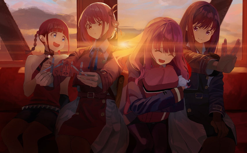 4girls absurdres anzai_chika asukagawa_chise bag belt blue_eyes braid closed_eyes dyna_wing evening gridman_universe highres inoue_takina laughing long_hair lycoris_recoil lycoris_uniform minami_yume multiple_girls nishikigi_chisato o-ring o-ring_top red_eyes salute school_bag shirasuke_0822 sitting sparkling_eyes ssss.dynazenon sunset twin_braids violet_eyes voice_actor_connection vulcan_salute wakayama_shion