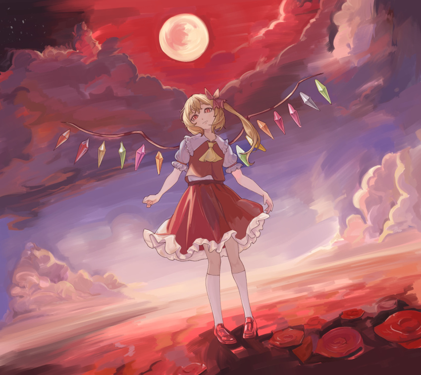 1girl ascot blonde_hair closed_eyes clouds cloudy_sky crystal flandre_scarlet frilled_shirt_collar frilled_skirt frilled_sleeves frills full_body hair_between_eyes head_tilt highres kneehighs korean_commentary long_hair moon multicolored_wings no_headwear one_side_up outdoors pigeon-toed puffy_short_sleeves puffy_sleeves red_eyes red_footwear red_moon red_skirt red_sky red_vest shirt shoes short_sleeves skirt skirt_set sky socks solo syc2159 touhou vest white_shirt white_socks wings yellow_ascot