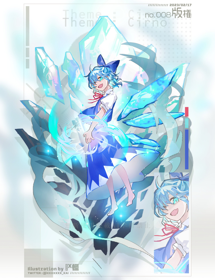 1girl :d absurdres artist_name blue_bow blue_dress blue_eyes blue_hair bow character_name cirno commentary_request cryokinesis detached_wings dress fang from_side full_body hair_bow highres ice ice_wings looking_at_viewer looking_to_the_side neck_ribbon one_eye_covered open_mouth puffy_short_sleeves puffy_sleeves red_ribbon ribbon shirt short_hair short_sleeves skin_fang smile solo touhou white_shirt wings xxxxxxx_kai