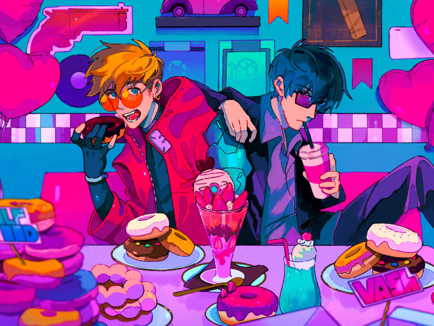 2boys black_hair blonde_hair cafeteria character_name chocolate_doughnut coat doughnut drinking_straw food highres ice_cream milkshake multiple_boys nakao_n_e nicholas_d._wolfwood open_mouth prosthesis prosthetic_arm record red_coat sunglasses teeth trigun trigun_stampede vash_the_stampede